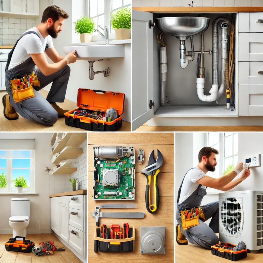 Professional handyman in uniform fixing a leaking pipe under a sink as part of home repair and maintenance services