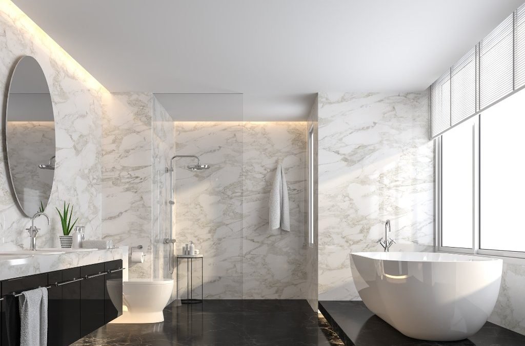 Luxury bathroom with black marble, glass Bathroom Remodel Leominster MAshower, and modern sink.