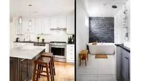 Image of a modern kitchen next to a renovated bathroom, featuring elegant design and high-quality materials